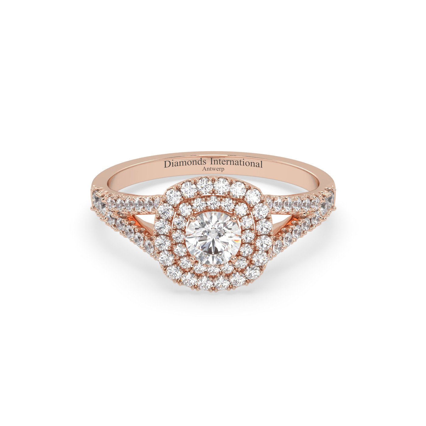 18k rose gold  round cut double halo split shank diamond engagament ring