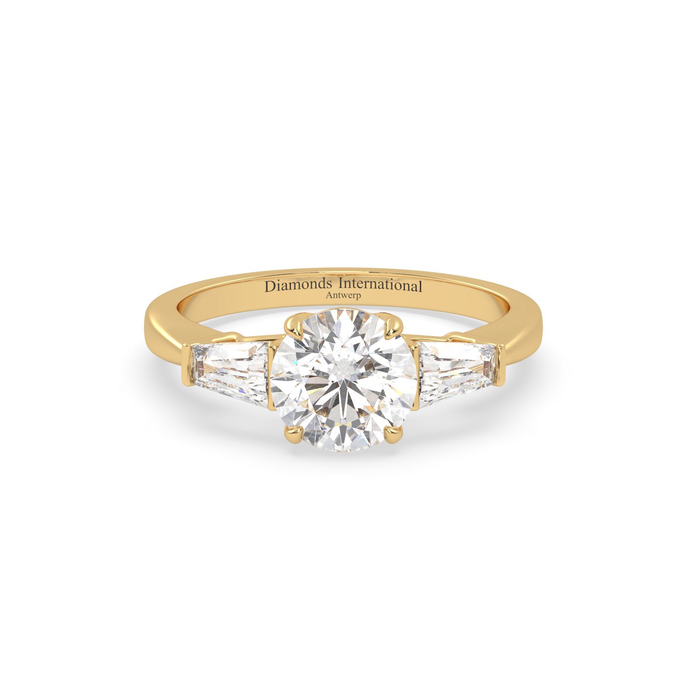 18k yellow gold  round & baguette cut 3 stone diamond engagement ring