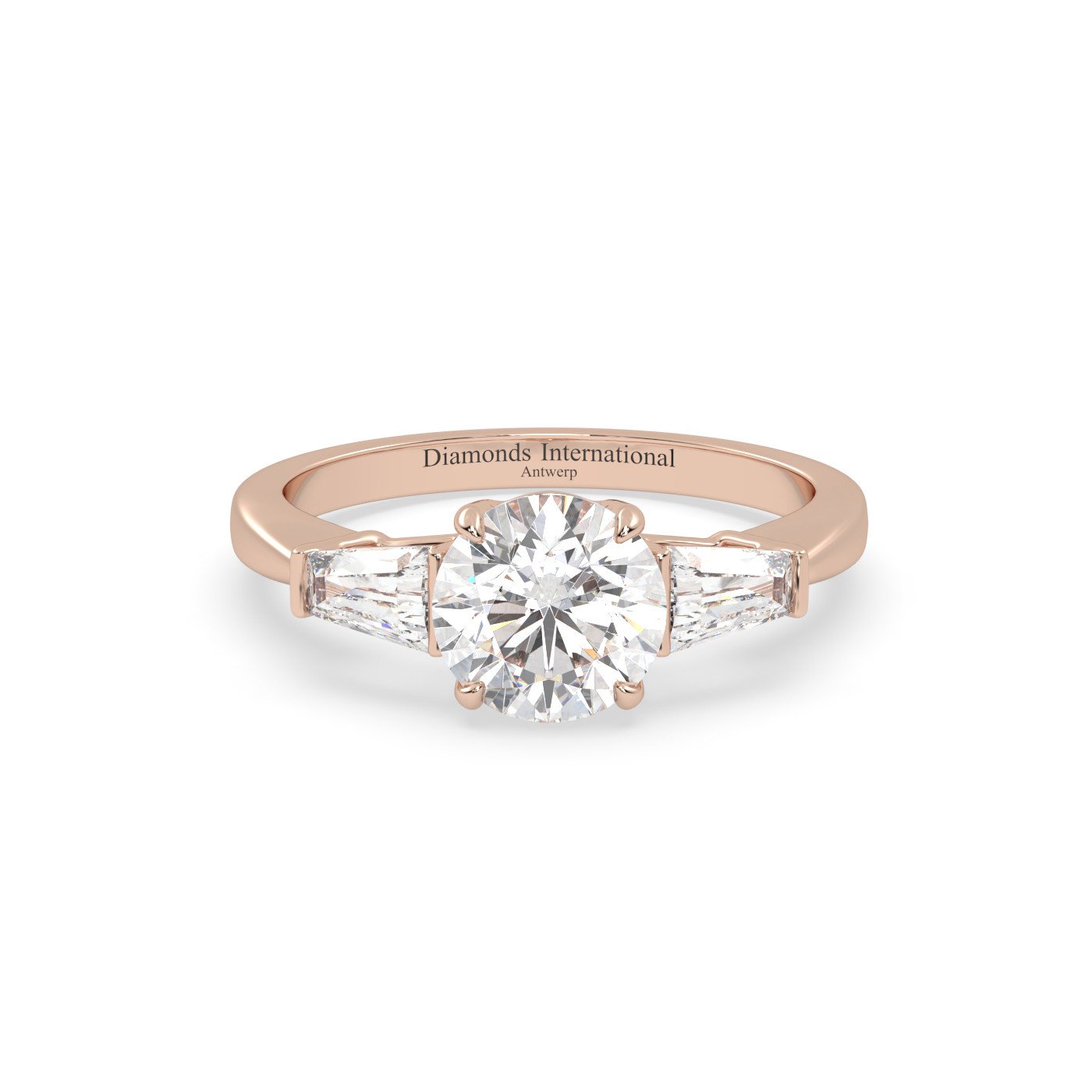 18k rose gold  round & baguette cut 3 stone diamond engagement ring