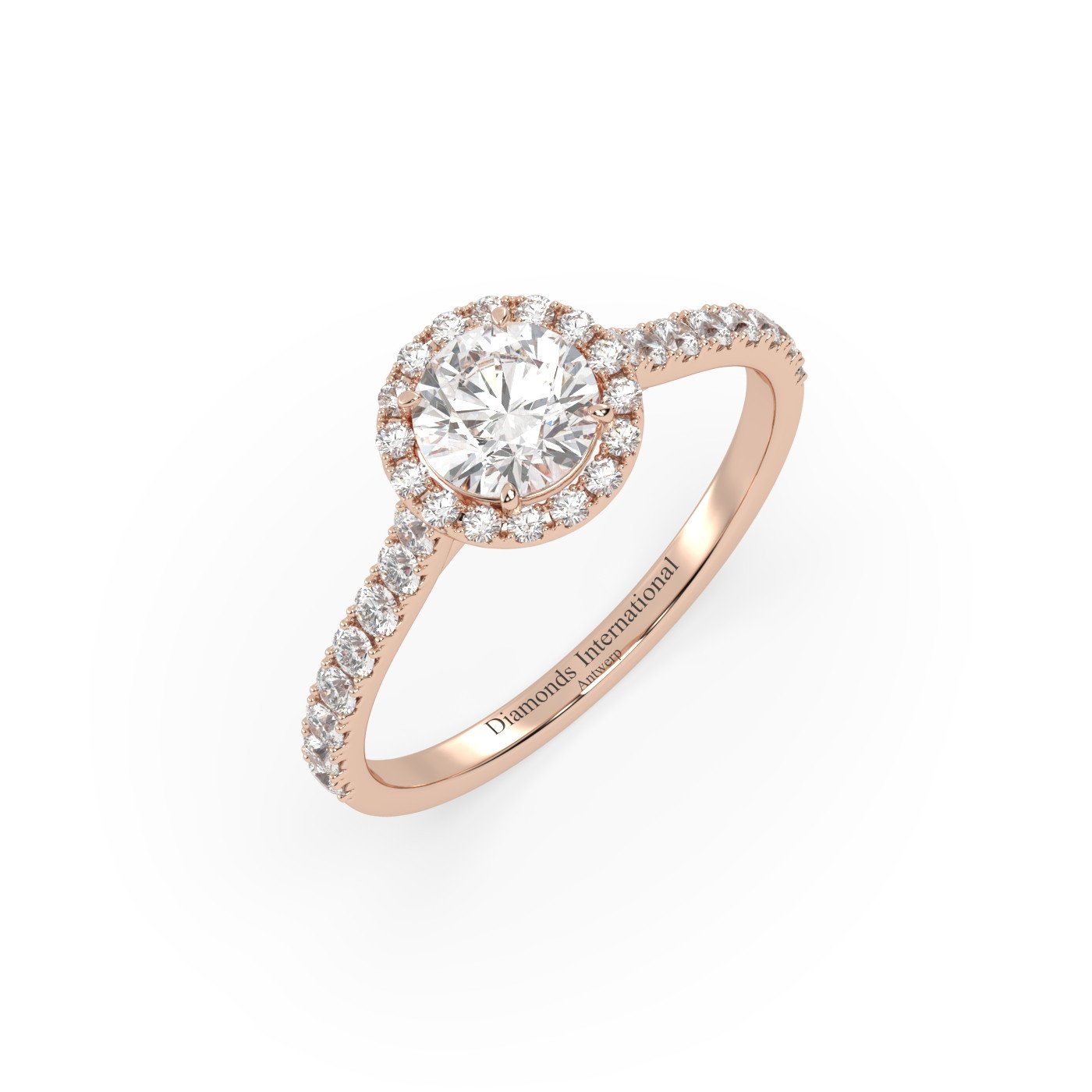 18k rose gold  round cut halo pave set diamond ring
